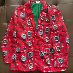 Holiday Time Red and Green Cat Print Blazer